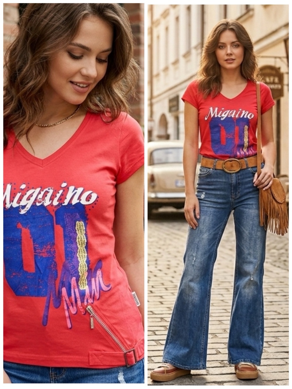 Migaino Graphic Short Sleeve Tee Red Blue Size 40 Crystal Lace Retro